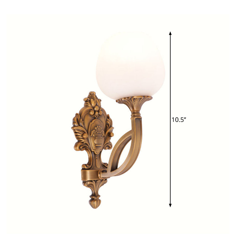 Rural Flower Wall Mounted Lamp 1 Light Cream Glass Wall Sconce Lighting in Brass with Carved Backplate Clearhalo 'Wall Lamps & Sconces' 'Wall Lights' Lighting' 1688401