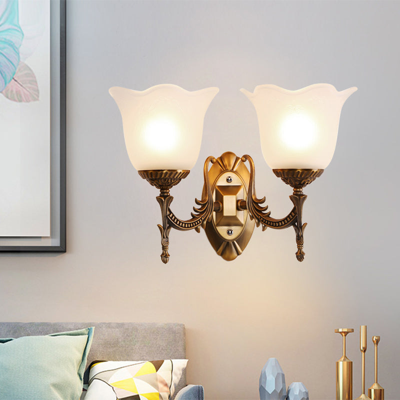 Brass Scalloped Bell Wall Light Fixture Rustic Frosted Glass 1/2-Light Living Room Wall Mount Lighting Clearhalo 'Wall Lamps & Sconces' 'Wall Lights' Lighting' 1688407