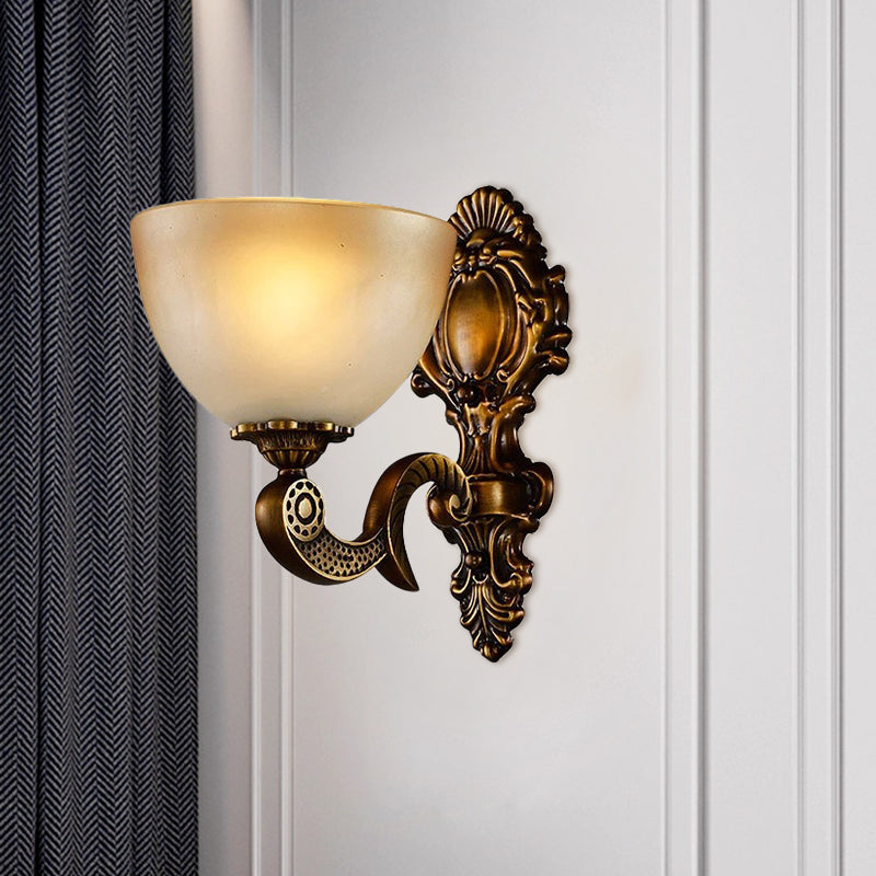 Frosted Glass Bowl Wall Sconce Light Rural 1 Light Bedroom Wall Lighting in Brass with Carved Backplate Brass Clearhalo 'Wall Lamps & Sconces' 'Wall Lights' Lighting' 1688411