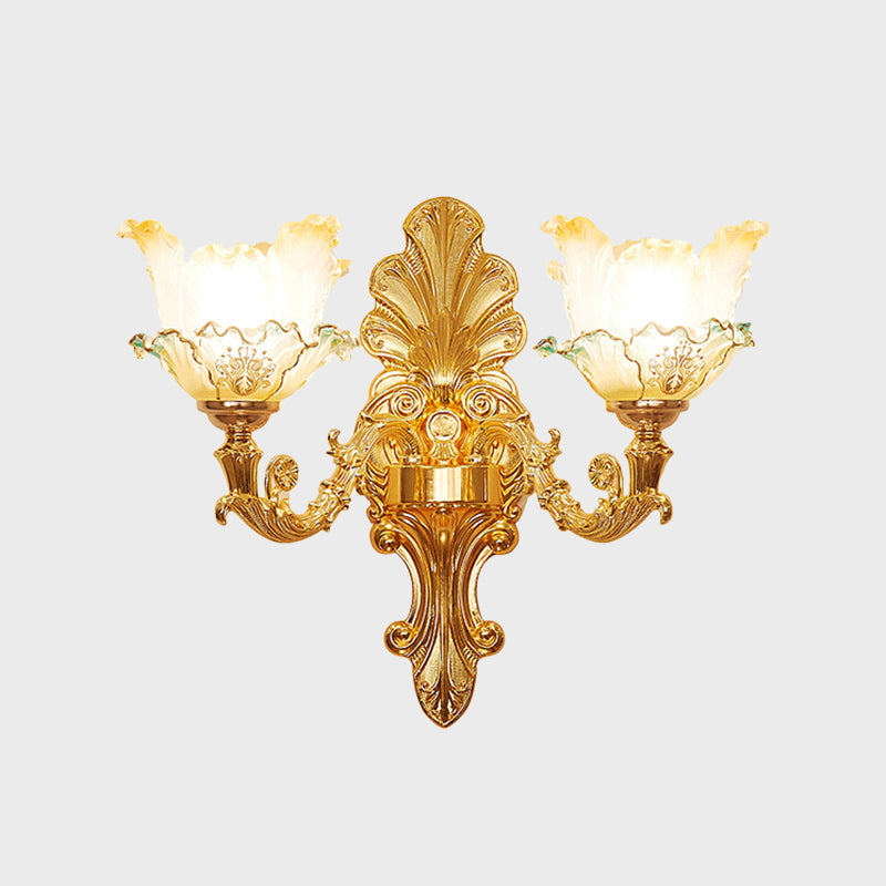 Gold 1/2-Head Wall Sconce Light Traditional Ruffle Glass Flower Wall Mounted Lighting with Curvy Arm Clearhalo 'Wall Lamps & Sconces' 'Wall Lights' Lighting' 1688502