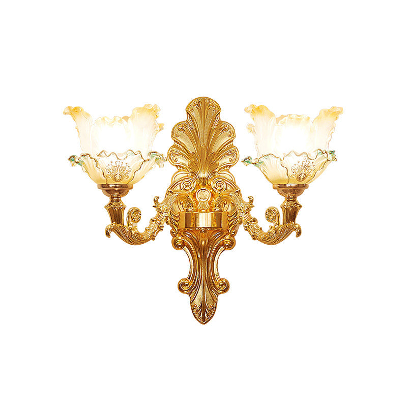 Gold 1/2-Head Wall Sconce Light Traditional Ruffle Glass Flower Wall Mounted Lighting with Curvy Arm Clearhalo 'Wall Lamps & Sconces' 'Wall Lights' Lighting' 1688503