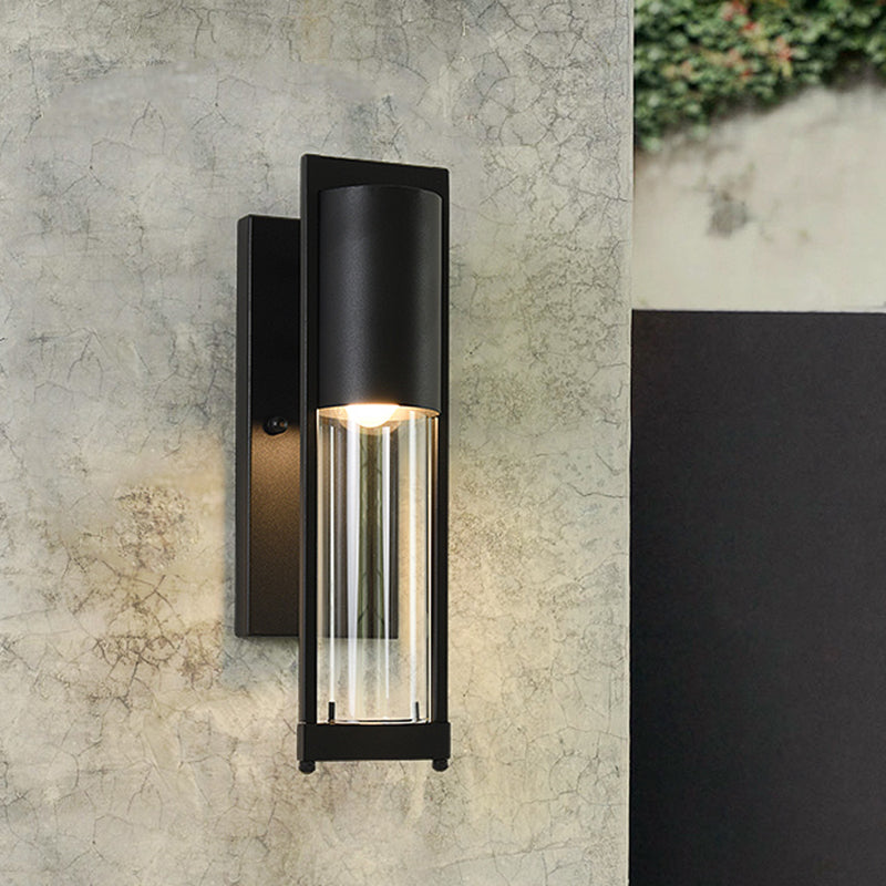 Transparent Glass Black/Brass Wall Lamp Column 1 Head Industrial Flush Mount Wall Sconce Black Clearhalo 'Cast Iron' 'Glass' 'Industrial wall lights' 'Industrial' 'Middle century wall lights' 'Modern' 'Tiffany' 'Traditional wall lights' 'Wall Lamps & Sconces' 'Wall Lights' Lighting' 1688576