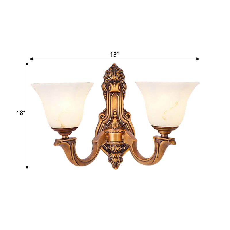 2 Lights Sconce Light Rustic Bedroom Wall Lamp with Bell Frosted Glass Shade in Brass Clearhalo 'Wall Lamps & Sconces' 'Wall Lights' Lighting' 1688610