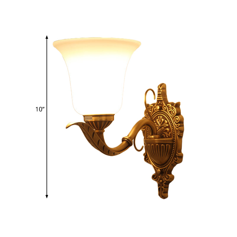 Opal Glass Brass Wall Mount Light Bell Shade 1 Light Traditional Style Wall Lighting Ideas with Carved Backplate Clearhalo 'Wall Lamps & Sconces' 'Wall Lights' Lighting' 1688614