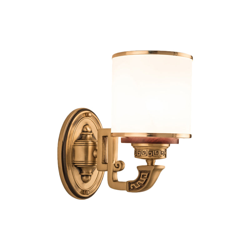 Brass Finish Cylinder Wall Light Sconce Rural White Glass 1 Light Living Room Wall Mounted Lamp Clearhalo 'Wall Lamps & Sconces' 'Wall Lights' Lighting' 1688617