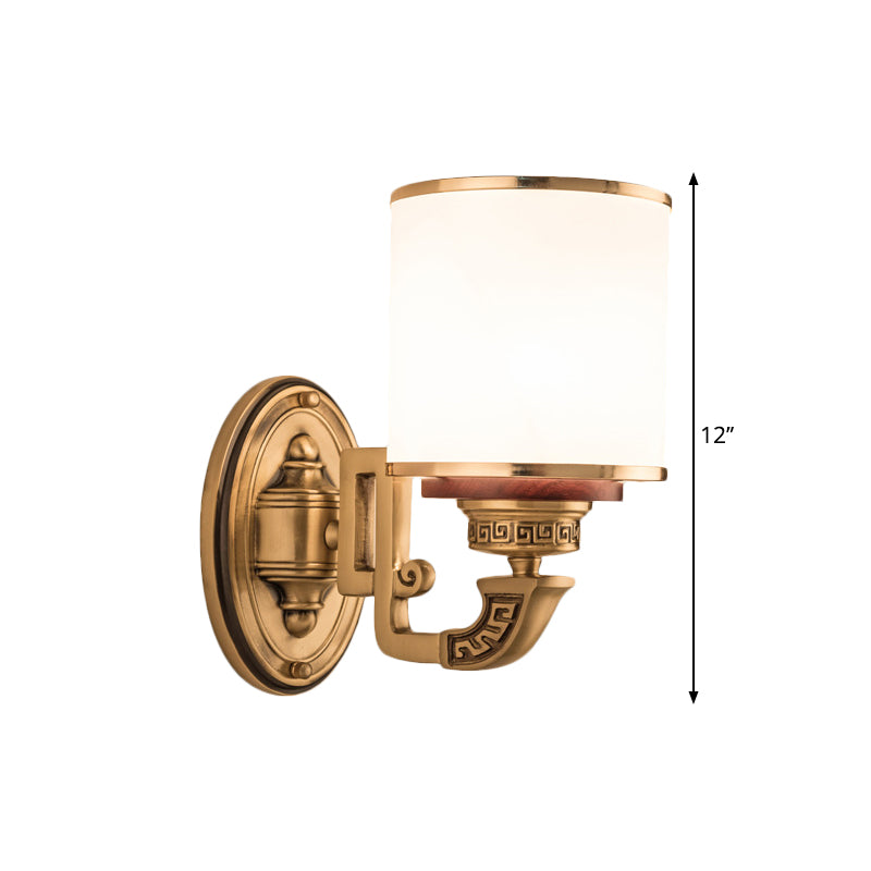 Brass Finish Cylinder Wall Light Sconce Rural White Glass 1 Light Living Room Wall Mounted Lamp Clearhalo 'Wall Lamps & Sconces' 'Wall Lights' Lighting' 1688618