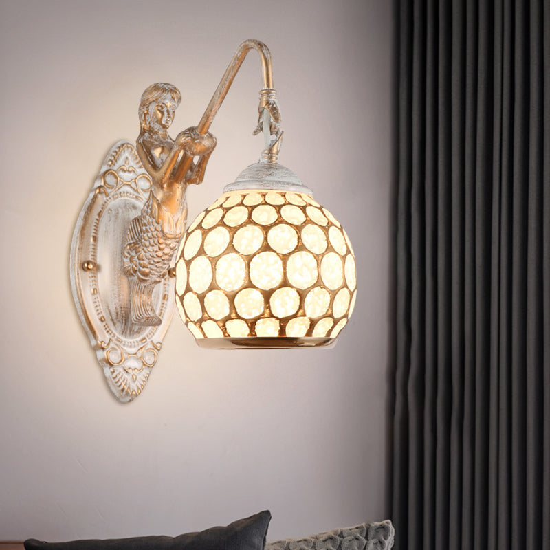 Sphere Bedroom Wall Lighting Ideas Traditional Style Metal 1 Head White Wall Sconce Light with Resin Mermaid Backplate White Clearhalo 'Wall Lamps & Sconces' 'Wall Lights' Lighting' 1688619