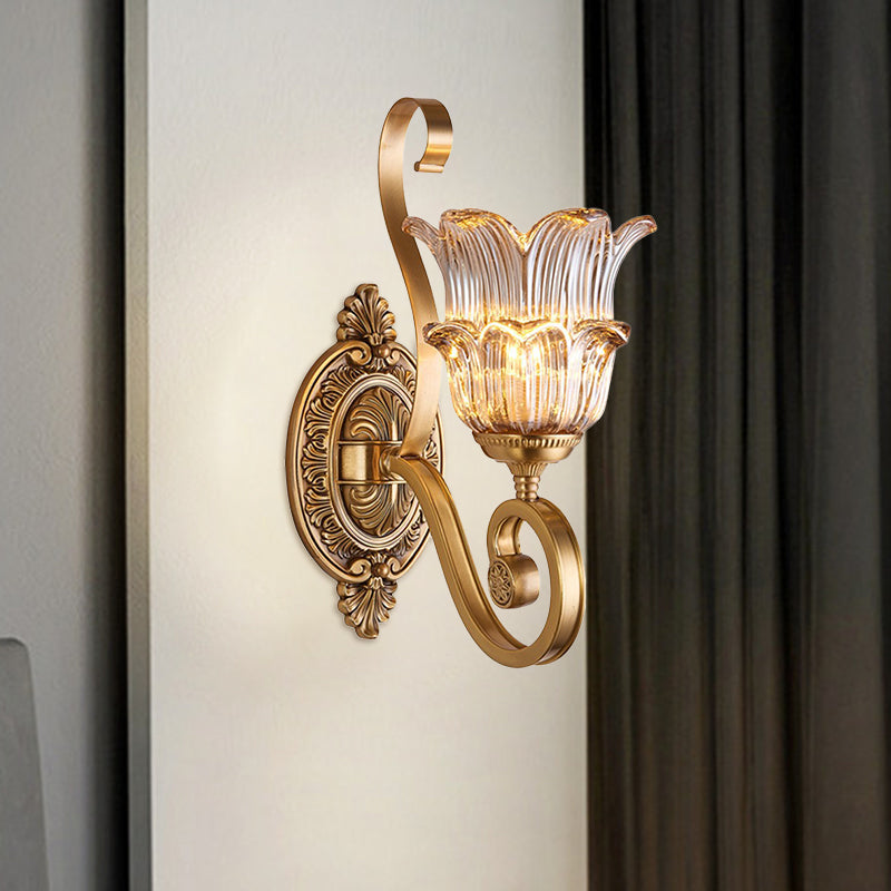 Brass 1/2-Bulb Wall Lighting Fixture Countryside Crystal Glass Flower Wall Light Sconce with Swooping Arm Clearhalo 'Wall Lamps & Sconces' 'Wall Lights' Lighting' 1688624