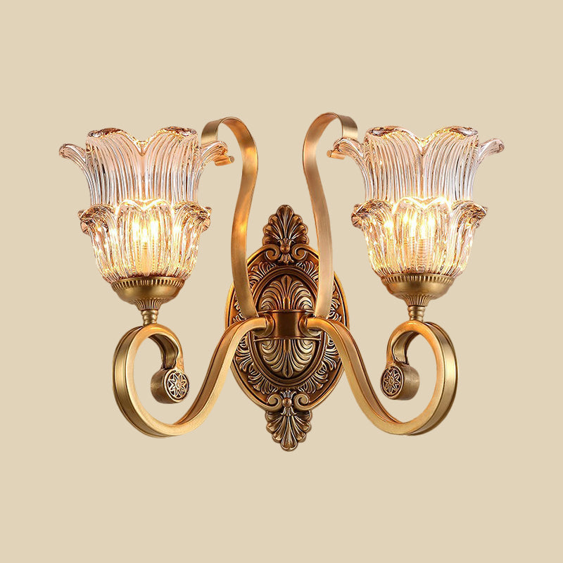 Brass 1/2-Bulb Wall Lighting Fixture Countryside Crystal Glass Flower Wall Light Sconce with Swooping Arm Clearhalo 'Wall Lamps & Sconces' 'Wall Lights' Lighting' 1688629