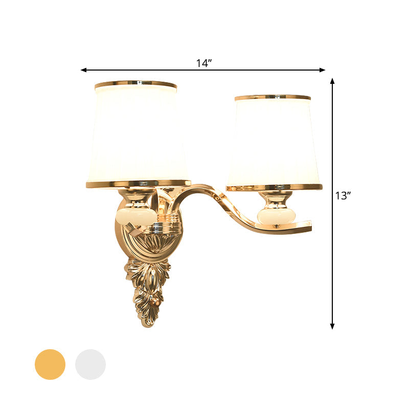 Cone Bedroom Wall Light Fixture Traditional White Glass 1/2-Bulb Chrome/Gold Finish Wall Sconce with Carved Backplate Clearhalo 'Wall Lamps & Sconces' 'Wall Lights' Lighting' 1688648