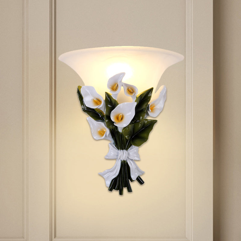 Classic Flower Wall Light Fixture 1 Bulb Resin Flush Mount Wall Sconce with Bell White Glass Shade White Clearhalo 'Wall Lamps & Sconces' 'Wall Lights' Lighting' 1688657