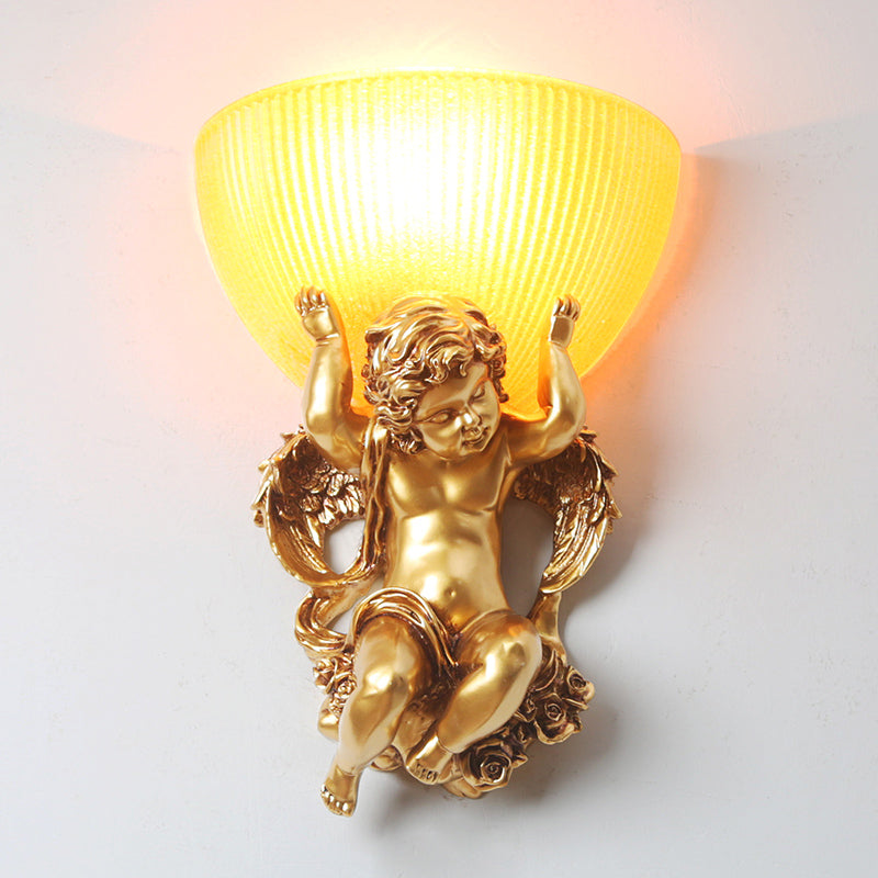 Resin White/Gold Wall Lighting Fixture Angel 1-Head Countryside Wall Light Sconce with Half-Bowl Frosted Ribbed Glass Shade Clearhalo 'Wall Lamps & Sconces' 'Wall Lights' Lighting' 1688674