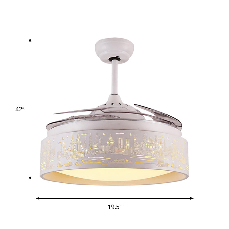 Round Hanging Fan Light Kids Metal LED White Semi Flush Mount with 3 Clear Blades, 19.5