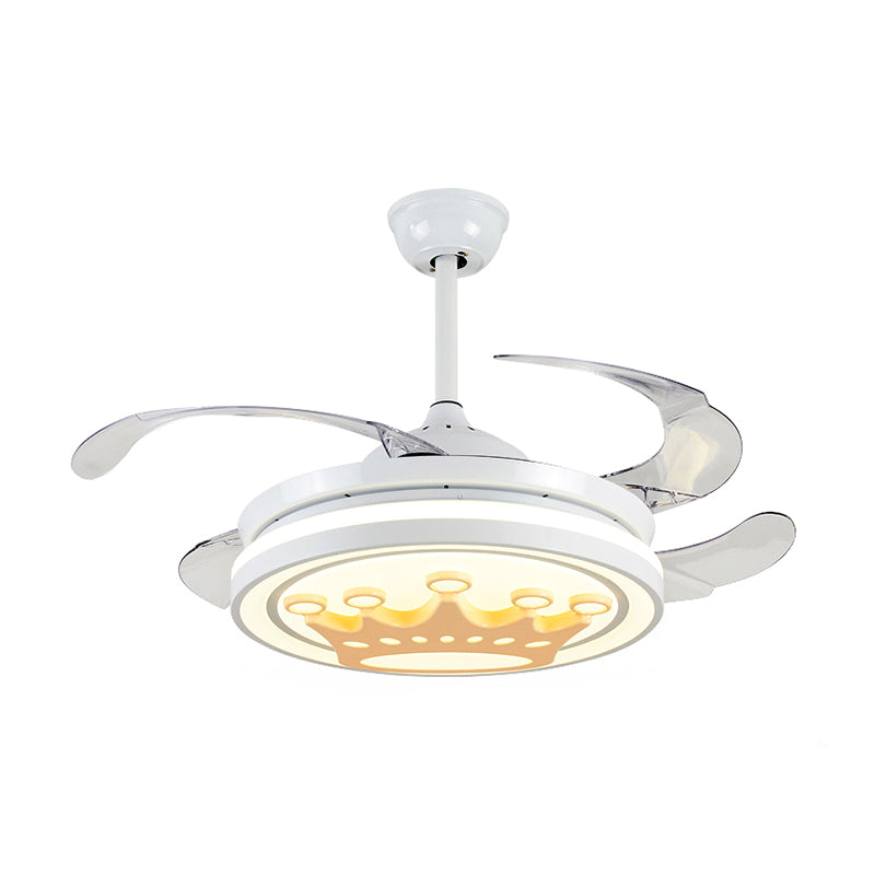 4-Blade Metallic Crown Semi Flush Light Cartoon LED White Hanging Fan Lamp, 42.5