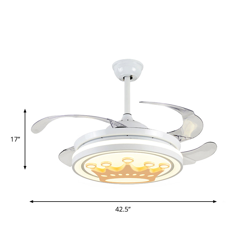 4-Blade Metallic Crown Semi Flush Light Cartoon LED White Hanging Fan Lamp, 42.5