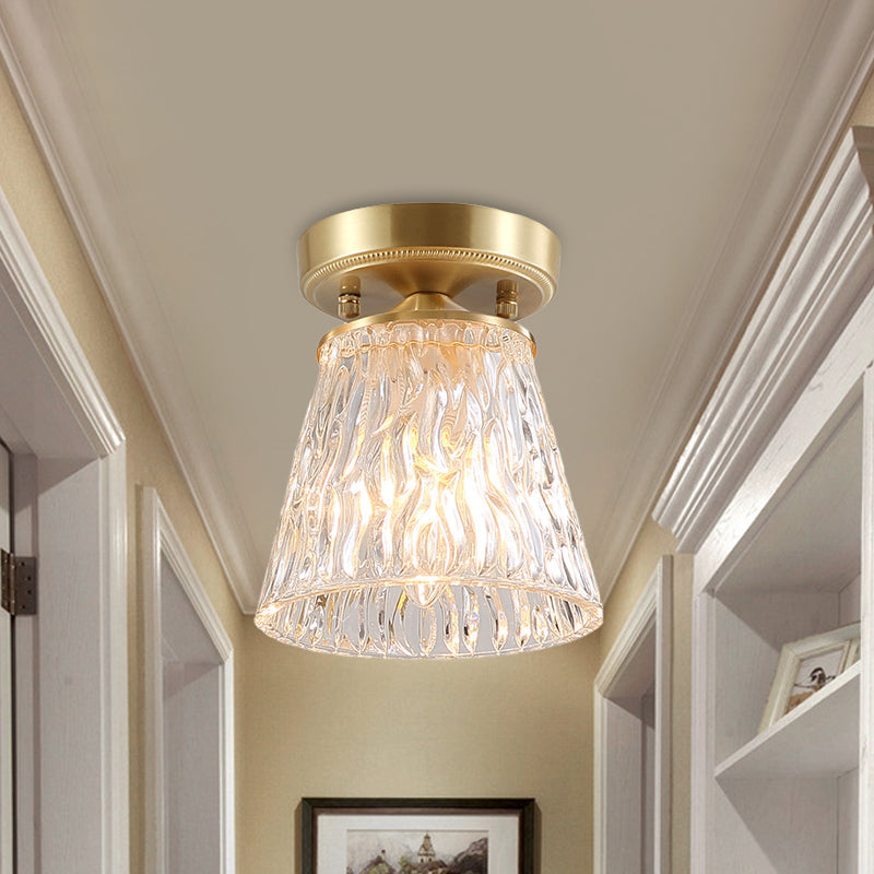 Brass 1-Light Semi Flush Mount Traditional Clear Ripple/Fluted Glass Cone/Flower Ceiling Flush for Living Room Brass Cone Clearhalo 'Ceiling Lights' 'Chandeliers' 'Close To Ceiling Lights' 'Close to ceiling' 'Glass shade' 'Glass' 'Pendant Lights' 'Semi-flushmount' Lighting' 1688786