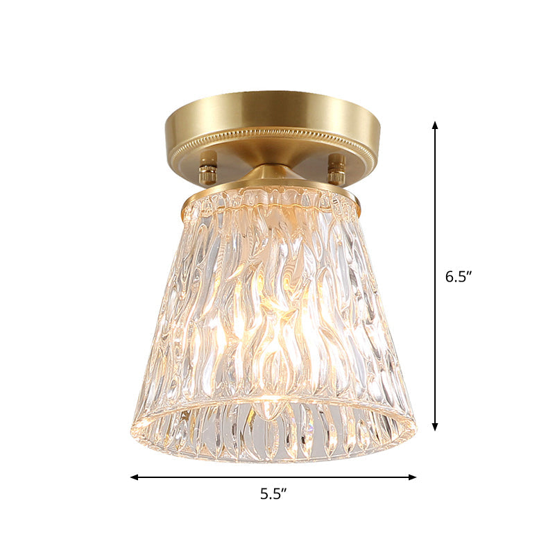 Brass 1-Light Semi Flush Mount Traditional Clear Ripple/Fluted Glass Cone/Flower Ceiling Flush for Living Room Clearhalo 'Ceiling Lights' 'Chandeliers' 'Close To Ceiling Lights' 'Close to ceiling' 'Glass shade' 'Glass' 'Pendant Lights' 'Semi-flushmount' Lighting' 1688789