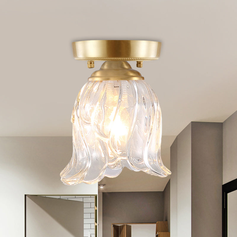 Brass 1-Light Semi Flush Mount Traditional Clear Ripple/Fluted Glass Cone/Flower Ceiling Flush for Living Room Brass Flower Clearhalo 'Ceiling Lights' 'Chandeliers' 'Close To Ceiling Lights' 'Close to ceiling' 'Glass shade' 'Glass' 'Pendant Lights' 'Semi-flushmount' Lighting' 1688790