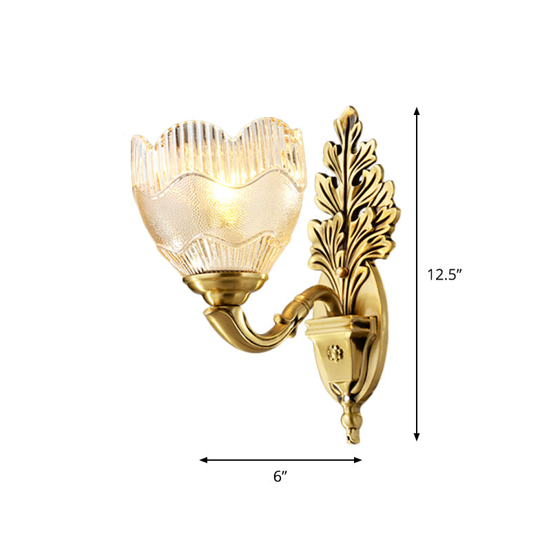 Gold Single Light Wall Sconce Antique Clear Ribbed Glass Flower Bud Wall Lighting Idea Clearhalo 'Wall Lamps & Sconces' 'Wall Lights' Lighting' 1688806