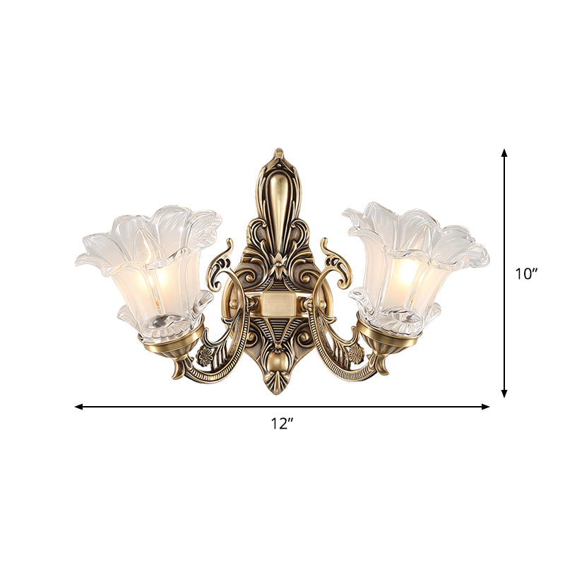 Brass 1/2 Bulbs Wall Lighting Countryside Clear Ridged Glass Flower Shape Wall Mounted Lamp Clearhalo 'Wall Lamps & Sconces' 'Wall Lights' Lighting' 1688815