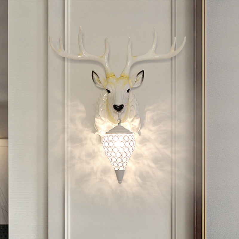 Country Oval Wall Mounted Lamp Single Light Beveled Crystal Wall Lighting Idea with Deer Head Design in White Clearhalo 'Wall Lamps & Sconces' 'Wall Lights' Lighting' 1688817