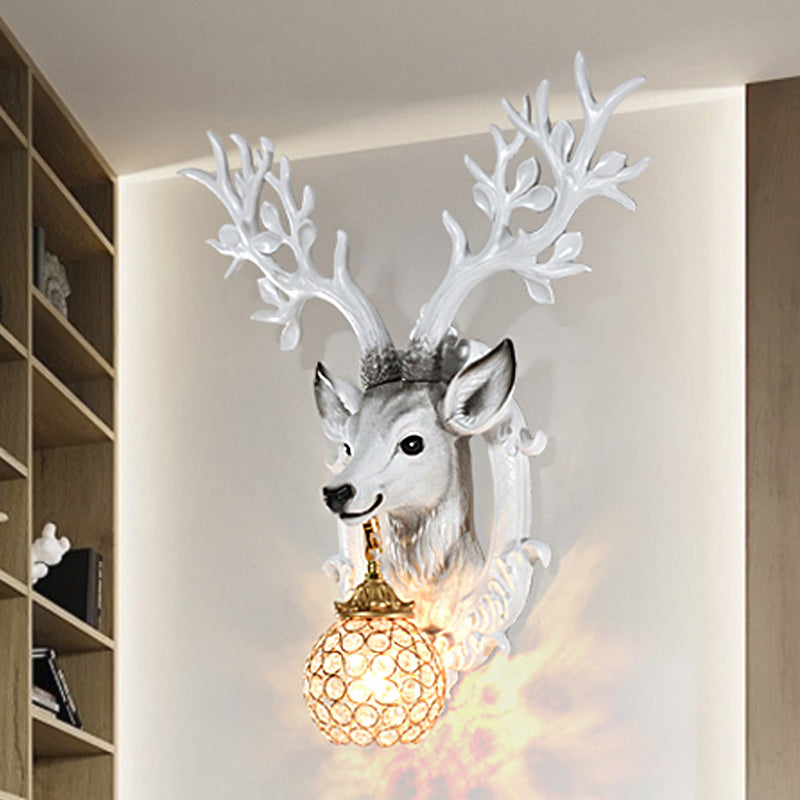 Deer Head Bedroom Wall Sconce Retro Style Resin 1-Light White Wall Mounted Lamp with Global Faceted Crystal Shade Clearhalo 'Wall Lamps & Sconces' 'Wall Lights' Lighting' 1688833