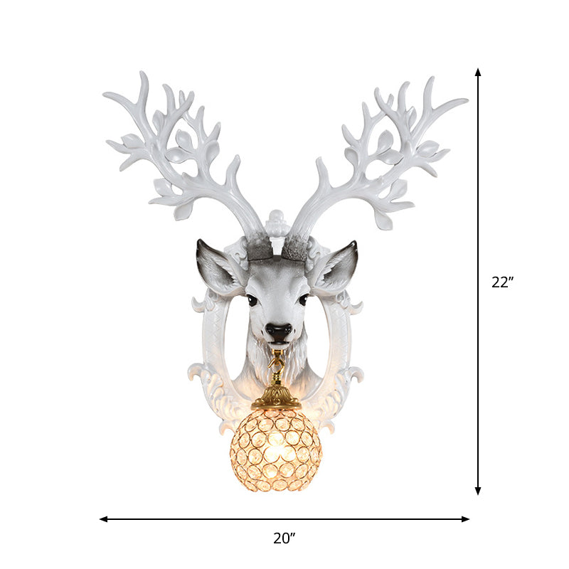 Deer Head Bedroom Wall Sconce Retro Style Resin 1-Light White Wall Mounted Lamp with Global Faceted Crystal Shade Clearhalo 'Wall Lamps & Sconces' 'Wall Lights' Lighting' 1688835