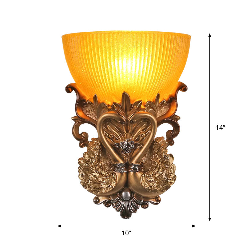 Amber Ribbed Glass Gold Sconce Bowl Single Head Rural Wall Lighting Idea with Carving Swan Design Clearhalo 'Wall Lamps & Sconces' 'Wall Lights' Lighting' 1688839