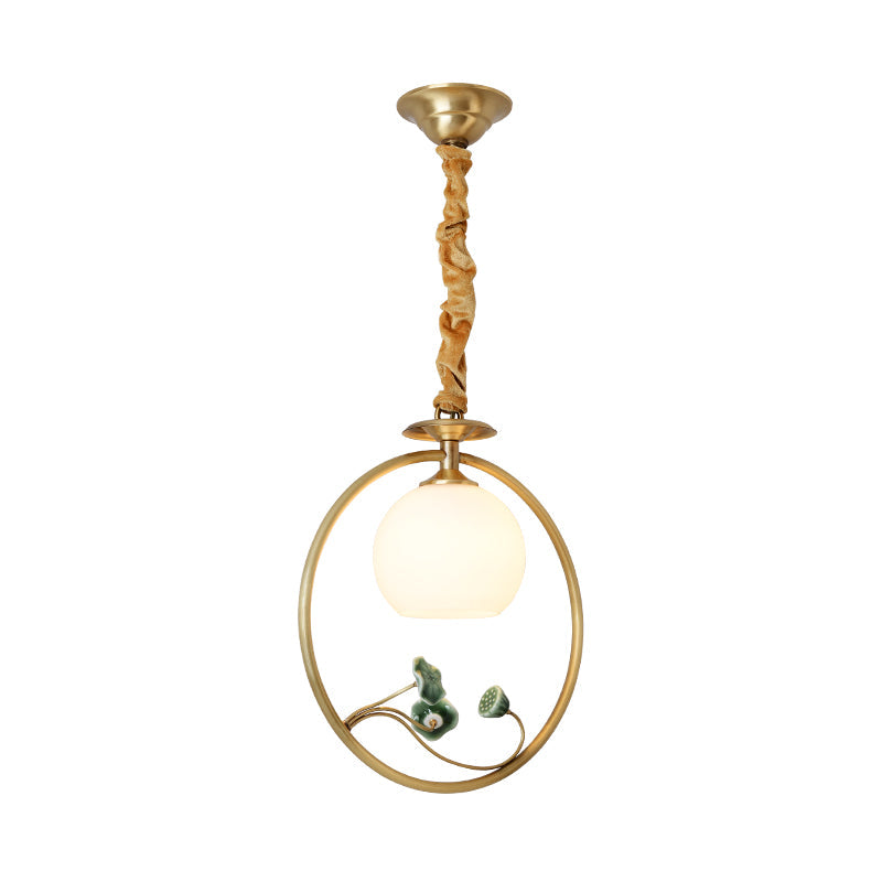 Single Head Globe Pendulum Light Traditional Gold White Glass Suspension Lamp with Ring and Lotus Decor Clearhalo 'Ceiling Lights' 'Pendant Lights' 'Pendants' Lighting' 1688862