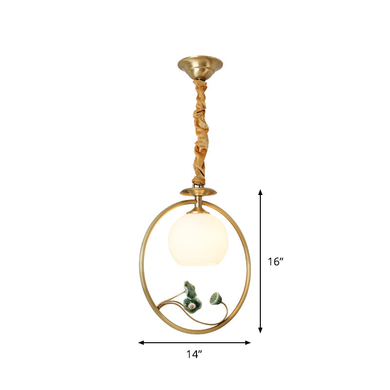 Single Head Globe Pendulum Light Traditional Gold White Glass Suspension Lamp with Ring and Lotus Decor Clearhalo 'Ceiling Lights' 'Pendant Lights' 'Pendants' Lighting' 1688863