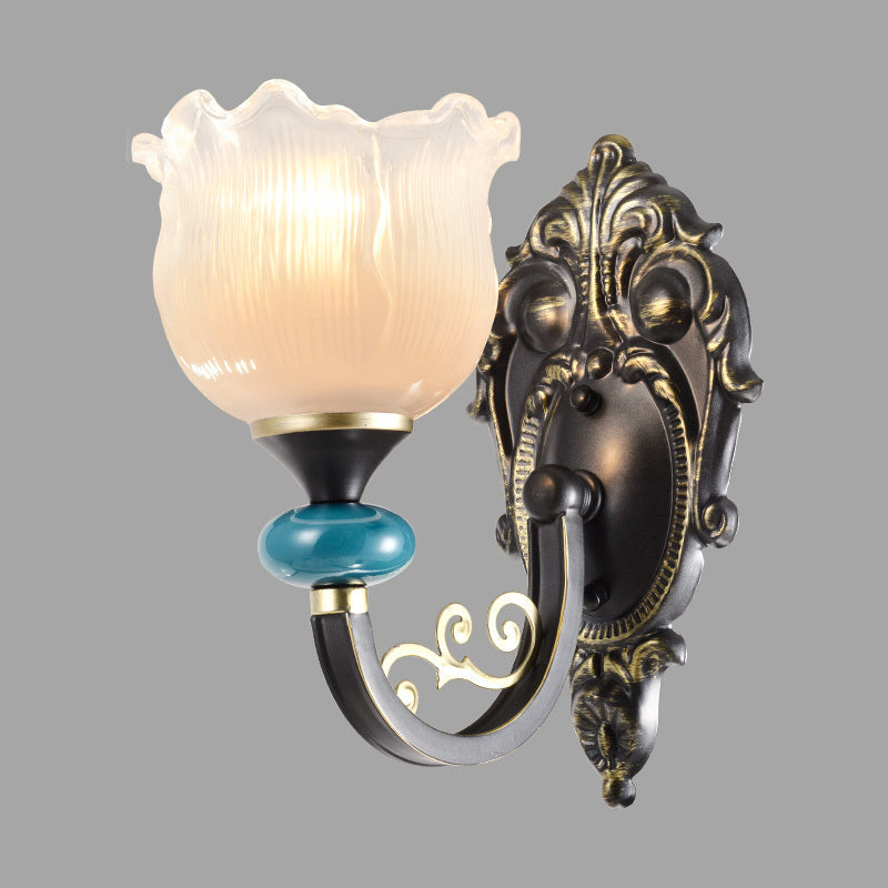 1/2-Bulb Floral Sconce Light Fixture Antiqued Black Opal Ribbed Glass Curved Arm Wall Mounted Lamp Clearhalo 'Wall Lamps & Sconces' 'Wall Lights' Lighting' 1688869