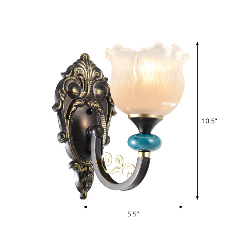 1/2-Bulb Floral Sconce Light Fixture Antiqued Black Opal Ribbed Glass Curved Arm Wall Mounted Lamp Clearhalo 'Wall Lamps & Sconces' 'Wall Lights' Lighting' 1688871