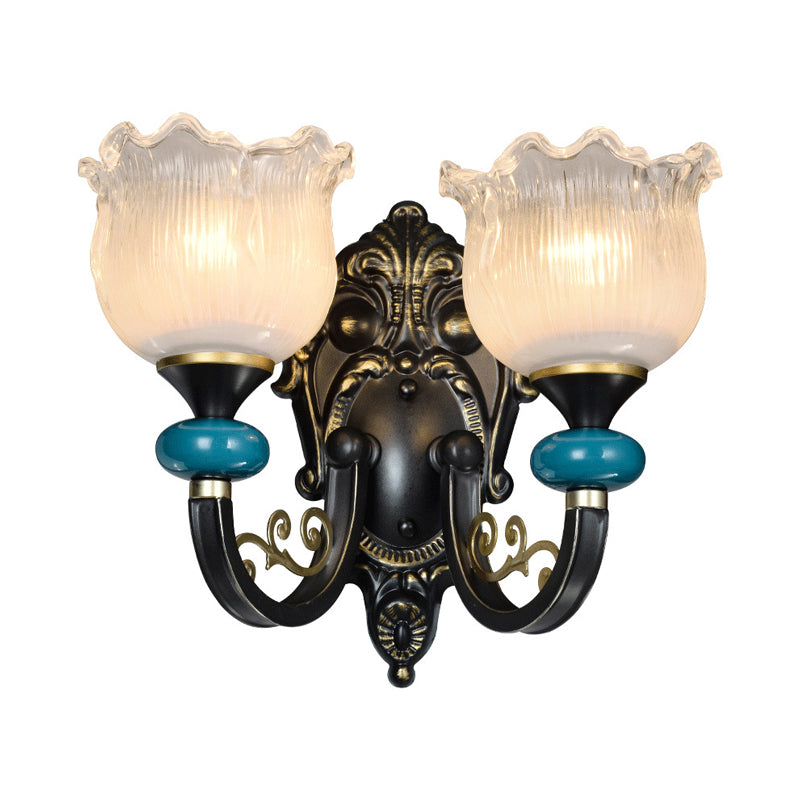 1/2-Bulb Floral Sconce Light Fixture Antiqued Black Opal Ribbed Glass Curved Arm Wall Mounted Lamp Clearhalo 'Wall Lamps & Sconces' 'Wall Lights' Lighting' 1688875