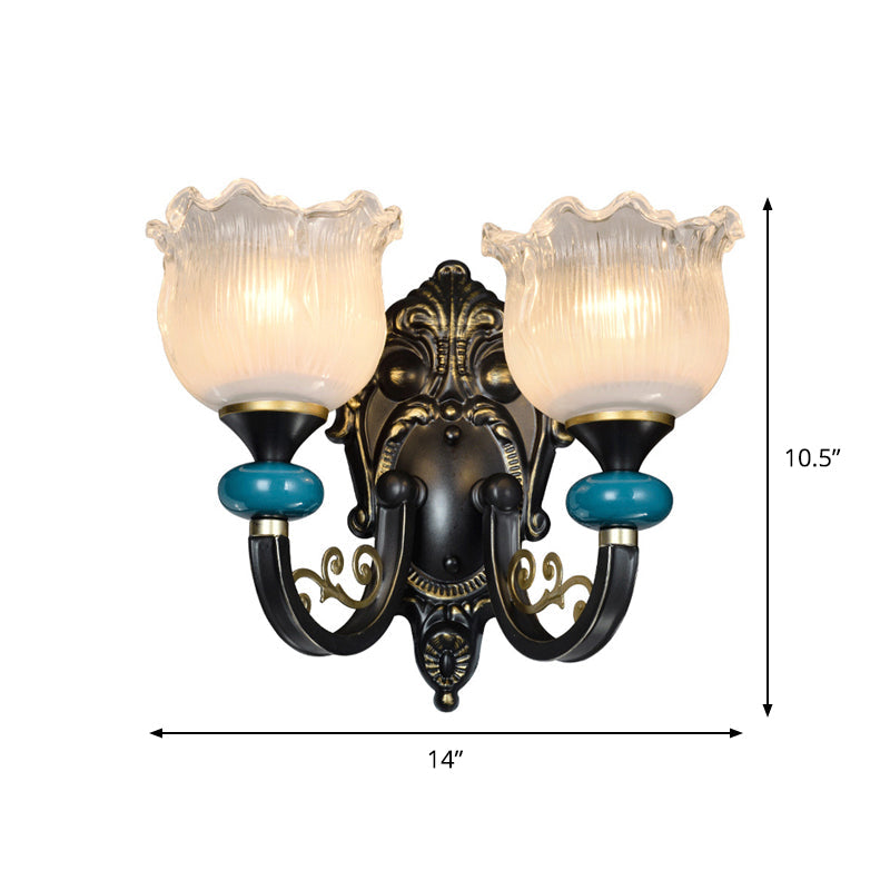 1/2-Bulb Floral Sconce Light Fixture Antiqued Black Opal Ribbed Glass Curved Arm Wall Mounted Lamp Clearhalo 'Wall Lamps & Sconces' 'Wall Lights' Lighting' 1688876