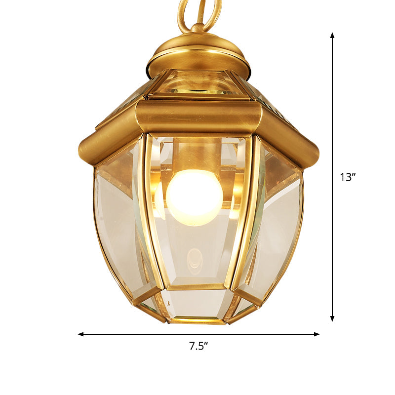 Gold Single Light Ceiling Lamp Antiqued Clear Glass Lantern Down Lighting Pendant for Corridor Clearhalo 'Ceiling Lights' 'Close To Ceiling Lights' 'Glass shade' 'Glass' 'Pendant Lights' 'Pendants' Lighting' 1688904