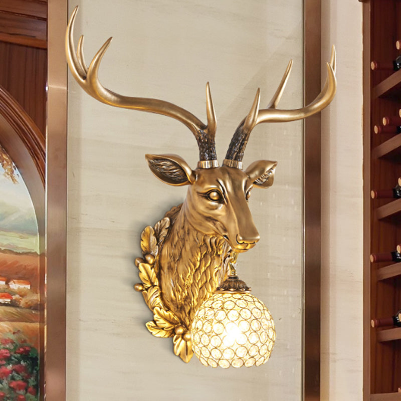 Gold 1-Bulb Sconce Light Farmhouse Faceted Crystal Sphere Wall Mounted Lamp with Sika Deer Head Design Gold Clearhalo 'Wall Lamps & Sconces' 'Wall Lights' Lighting' 1688905