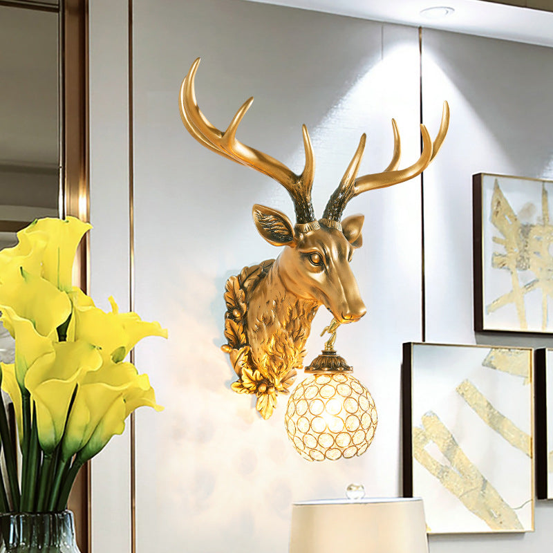 Gold 1-Bulb Sconce Light Farmhouse Faceted Crystal Sphere Wall Mounted Lamp with Sika Deer Head Design Clearhalo 'Wall Lamps & Sconces' 'Wall Lights' Lighting' 1688906