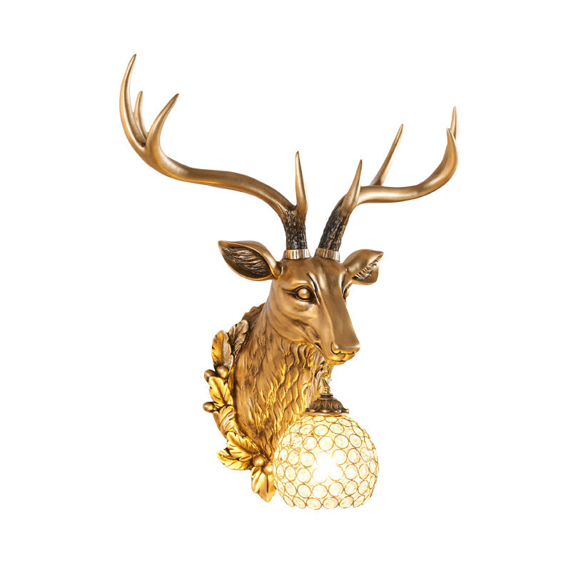 Gold 1-Bulb Sconce Light Farmhouse Faceted Crystal Sphere Wall Mounted Lamp with Sika Deer Head Design Clearhalo 'Wall Lamps & Sconces' 'Wall Lights' Lighting' 1688907