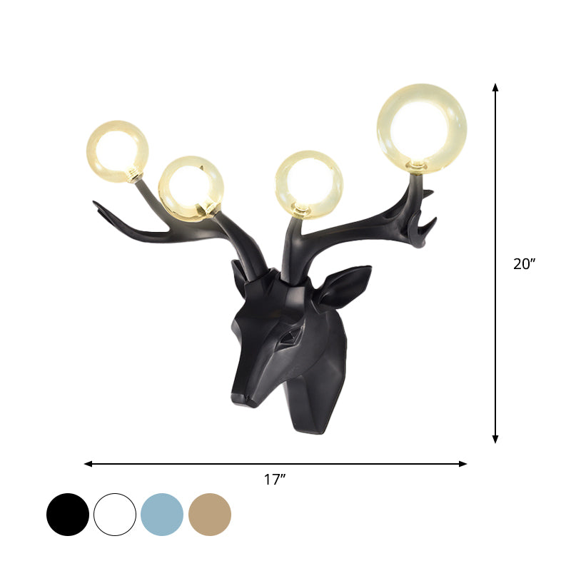 Sika Deer Living Room Wall Lamp Classic Style Resin 4 Heads Black/White/Blue Wall Sconce Light with Orb Clear Crystal Shade Clearhalo 'Wall Lamps & Sconces' 'Wall Lights' Lighting' 1688920