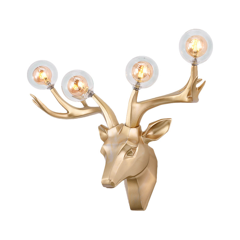 Sika Deer Living Room Wall Lamp Classic Style Resin 4 Heads Black/White/Blue Wall Sconce Light with Orb Clear Crystal Shade Clearhalo 'Wall Lamps & Sconces' 'Wall Lights' Lighting' 1688932