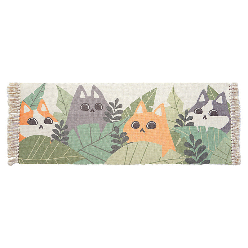 Green and Ivory Nursery Rug Kids Animal Cat Fish Pattern Area Rug Cotton Pet Friendly Carpet with Fringe Green 2' x 5'11