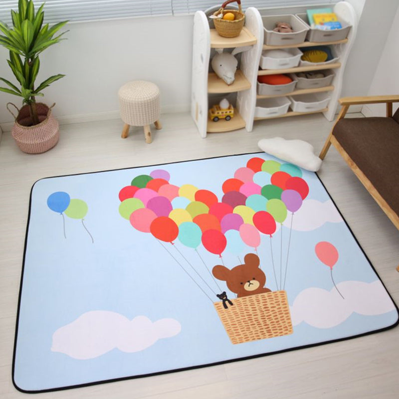 Kids Child's Room Rug in Blue and Yellow Fairy Tales Castle Balloon Fireworks Print Rug Woolen Pet Friendly Area Rug Light Blue 4'11