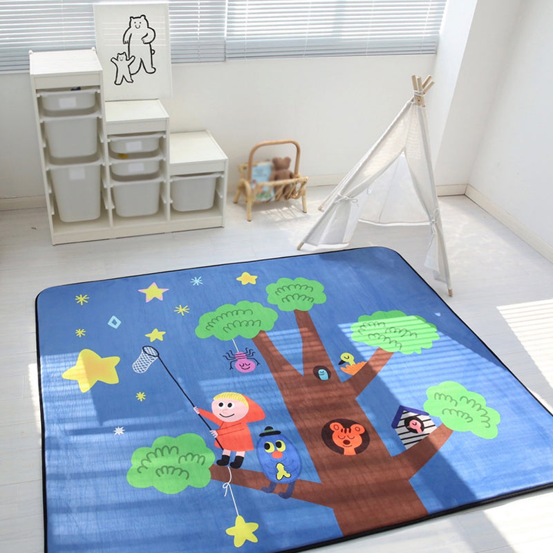 Kids Child's Room Rug in Blue and Yellow Fairy Tales Castle Balloon Fireworks Print Rug Woolen Pet Friendly Area Rug Green 4'11