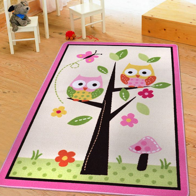 Kids Child's Room Rug in Pink and Green Animal Owl Floral Tree Print Rug Polyester Stain-Resistant Area Rug Green 3'3