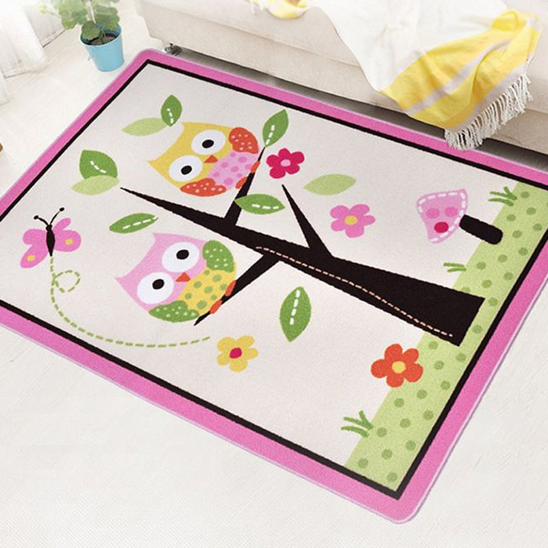 Kids Child's Room Rug in Pink and Green Animal Owl Floral Tree Print Rug Polyester Stain-Resistant Area Rug Clearhalo 'Area Rug' 'Rug' 1693159