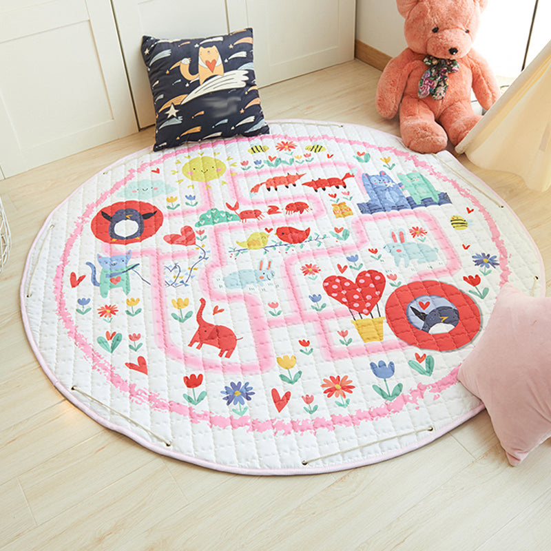 Grey and Pink Nursery Rug Kids Cars & Roads House Heart Pattern Area Rug Polyester Stain-Resistant Carpet Pink 4'11