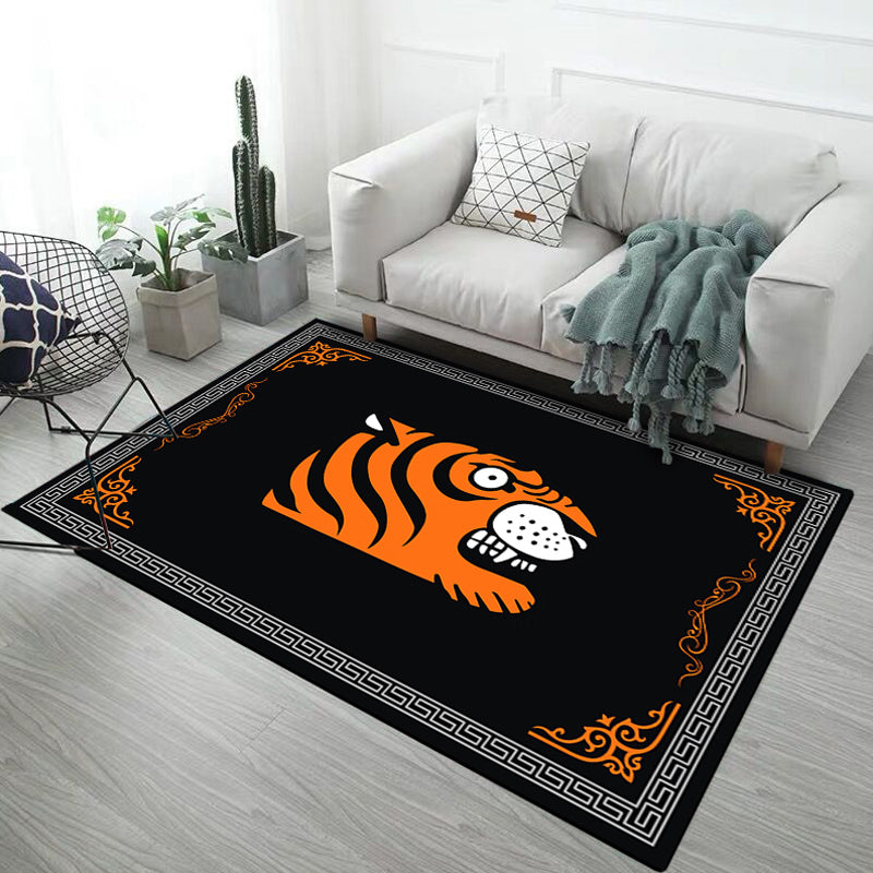 Kids Child's Room Rug in Black and Pink Animal Tiger Elephant Pig Print Rug Polyester Stain-Resistant Area Rug Black Clearhalo 'Area Rug' 'Rug' 1693547