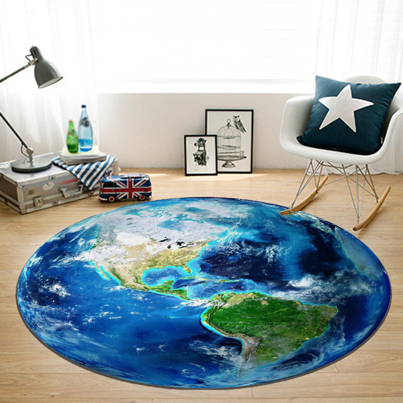 Blue Nursery Rug Kids Outer Space Planet Galaxy Plane Pattern Area Rug Polyester Anti-Slip Carpet Dark Blue Clearhalo 'Area Rug' 'Rug' 1693564