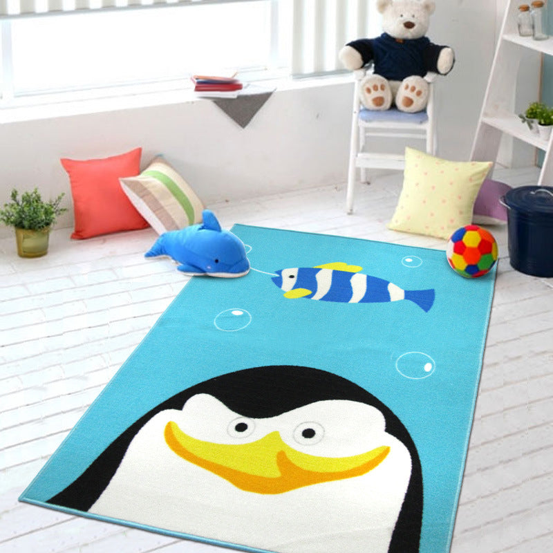 Cute Kids Rug in Green and Blue Animal Lion Panda Penguin Pattern Rug Polyester Anti-Slip Carpet for Children's Room Dark Blue 3'3