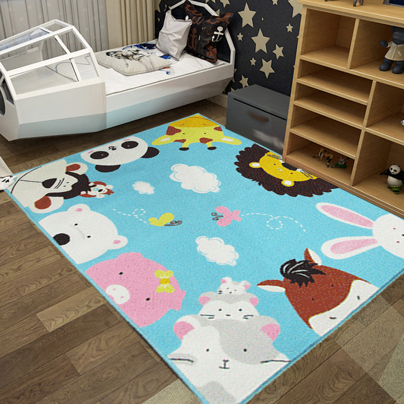 Cute Kids Rug in Green and Blue Animal Lion Panda Penguin Pattern Rug Polyester Anti-Slip Carpet for Children's Room Blue 3'3